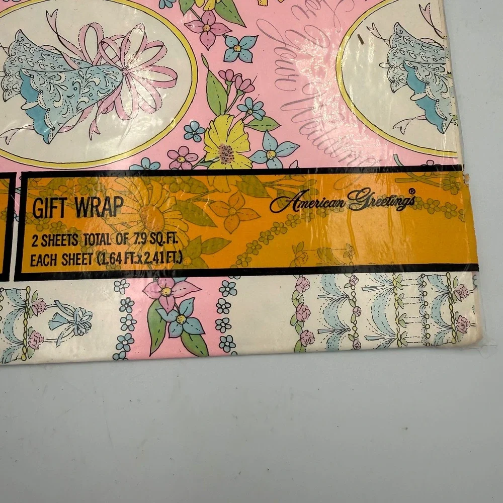 Vintage American Greetings Wedding Gift Wrap 2 Sheets Doves Floral Pink GW 1567C